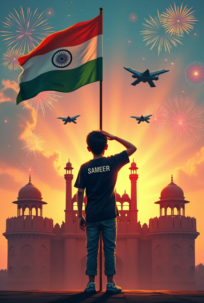 A boy wearing black half shirt and on it SAMEER name is written and in his background there is Red fort on which the medium size tricolour settles and the boy saluting the tricolour. Above him and red fort there are two fighters rafel that are flying over him. Whole sky is coloured with 12 star crackers shots