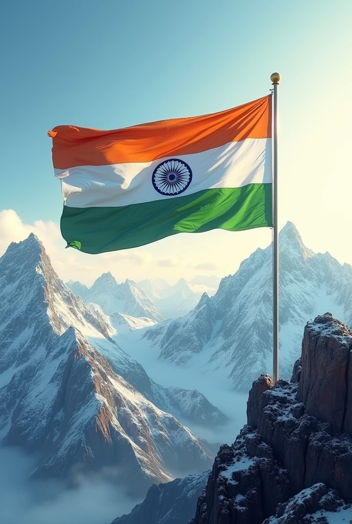 Indian flag flying on mountain 