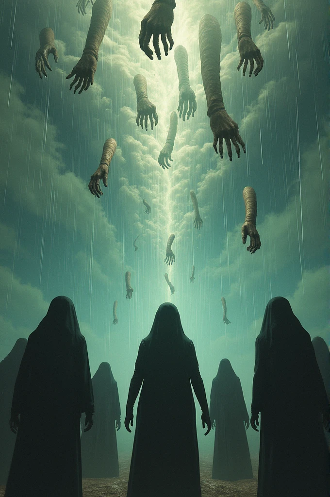 Generate a surreal image where severed fingers rain down.