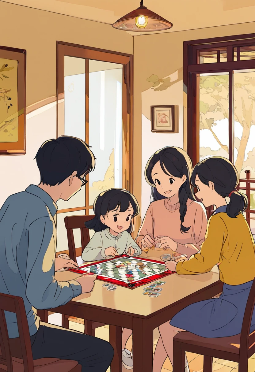 family，dad、Mother、elder sister、younger brother，Four characters，playing a board game at the dining table，warm and cheerful atmosphere，2D cartoon style，Stick Figure