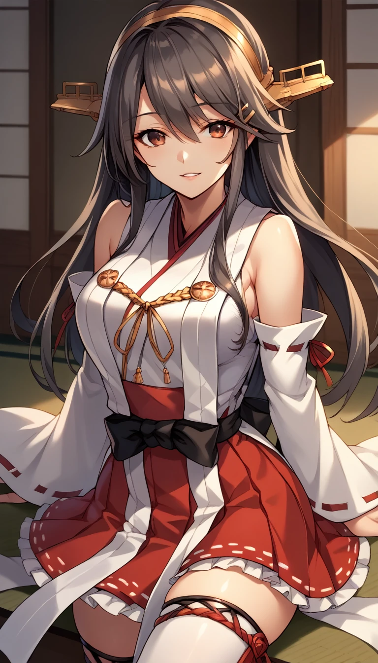 score_9, score_8_up, score_7_up, source_anime, game cg, harunakainiKC, long hair, skirt, hair ornament,thighhighs, hairband, detached sleeves, japanese clothes, hairclip, red skirt, headgear, ribbon trim, nontraditional miko, ribbon-trimmed,smile,parted lips,