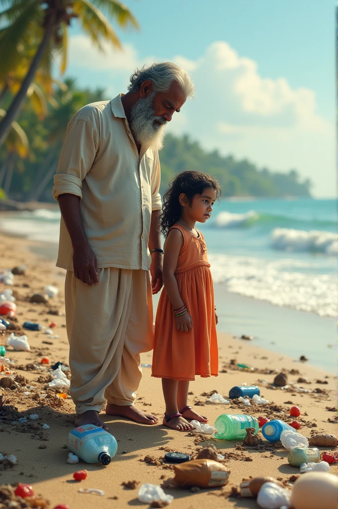 An Indian father and daughter seeing theare are so much garbage in the beach 