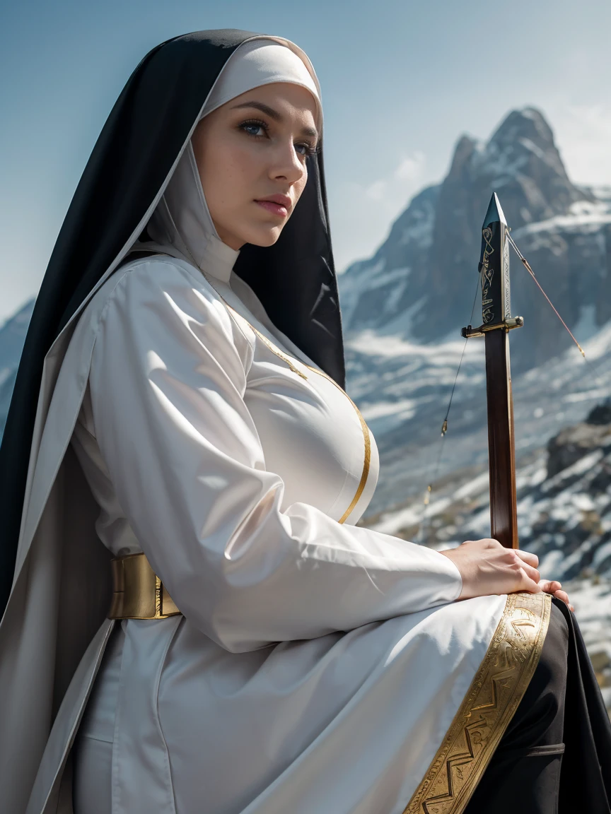 (masterpiece, top quality, best quality, official art, beautiful and aesthetic:1.2), (1girl:1.3), ((Sharp facial features, sharp features, hawkish features)), ((grey eyes)), busty paladin knight girl, extremely detailed, portrait, looking at viewer, solo, (full body:0.6), detailed background, full-body shot, (cold mountain nighttime glacier theme:1.1), holy knight, (nun), charlatan, smirk, mysterious, swaying in mountains, armor, polished metal, gold trim, long boots, white fabric, pelvic curtain, robe, pale leather, ((((nun, crossbow, heavy armor, armored, long legs, robes, prayer scrolls, toned, muscular)))), slim waist, slim hips, long legs, medieval (mountain exterior:1.1) background, dark mysterious lighting, shadows, magical atmosphere, dutch angle