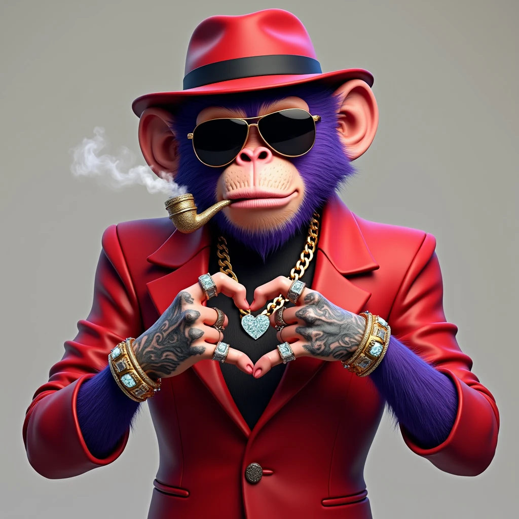 1 purple female monkey, with a red gangster suit with chains, hat and glasses, tattooed, with huge diamond and gold rings, smoking with a pipe, making a heart with both hands