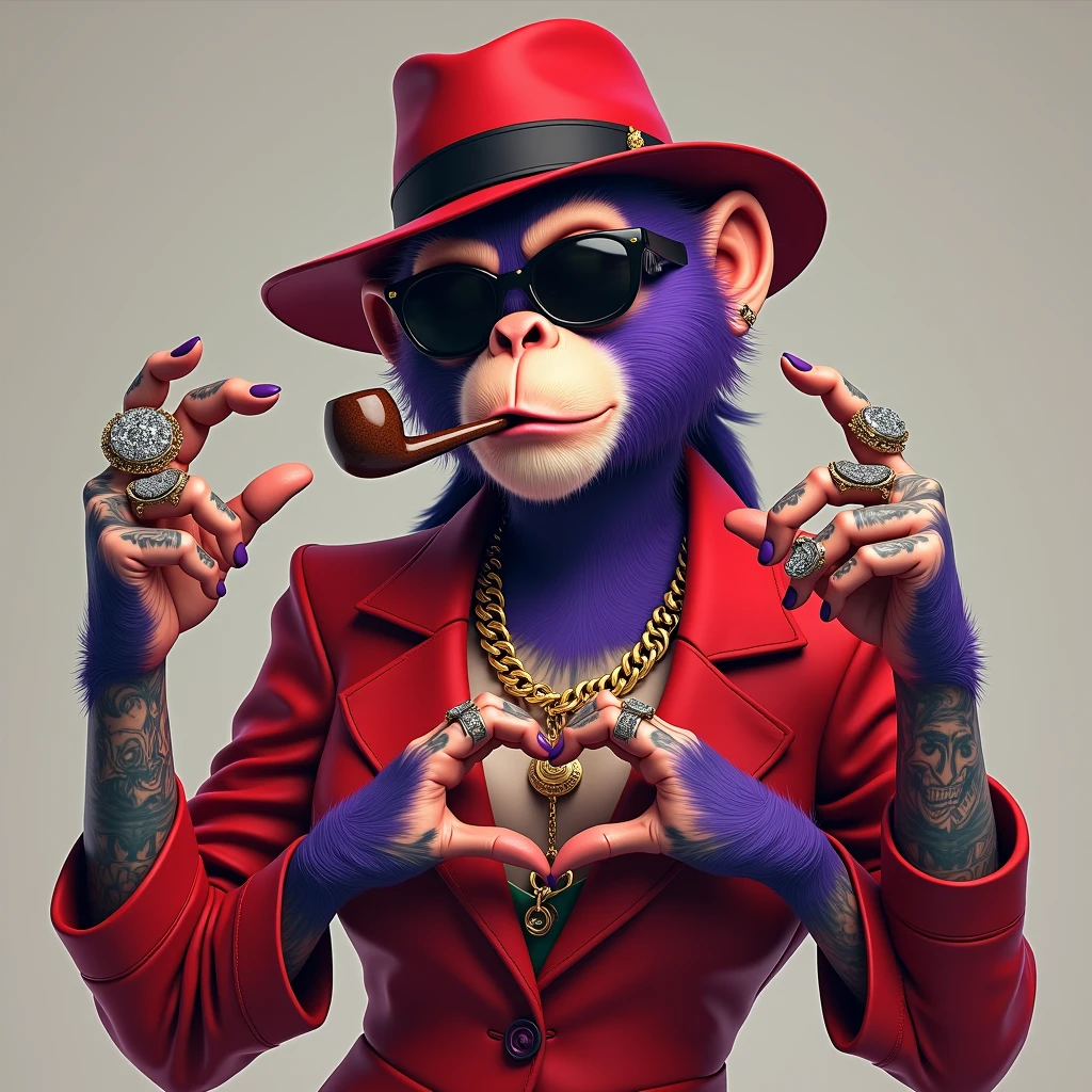 1 purple female monkey, with a red gangster suit with chains, hat and glasses, tattooed, with huge diamond and gold rings, smoking with a pipe, making a heart with both hands
