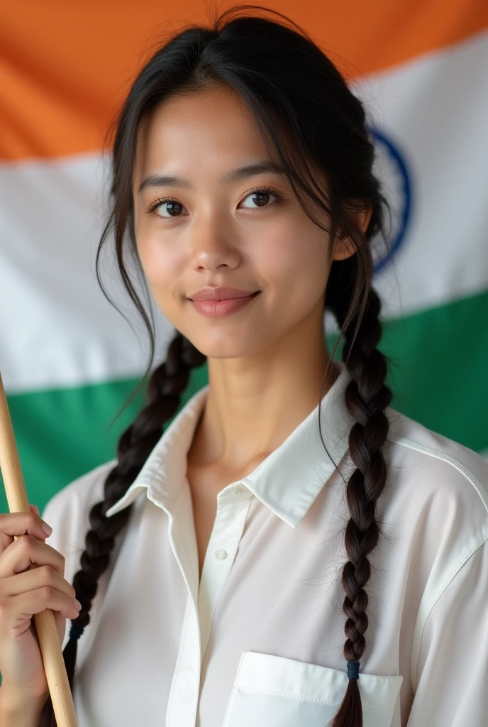 a college girl holding indian flag in plain white collar shirt and two long braids, closeup pic realistic