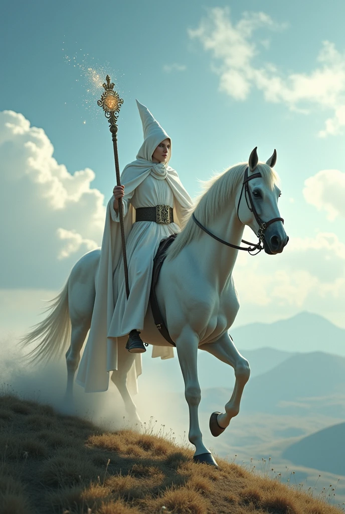 A white-robed wizard wearing a wizard's hat,Riding a white horse,Holding a long staff,Hyperrealism,8k,Ultra-clear,Movie-quality images