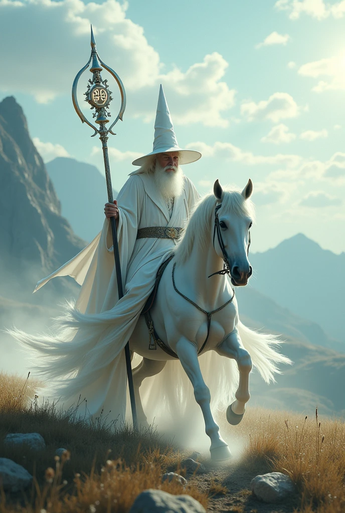 A white-robed wizard wearing a wizard's hat,Riding a white horse,Holding a long staff,Hyperrealism,8k,Ultra-clear,Movie-quality images