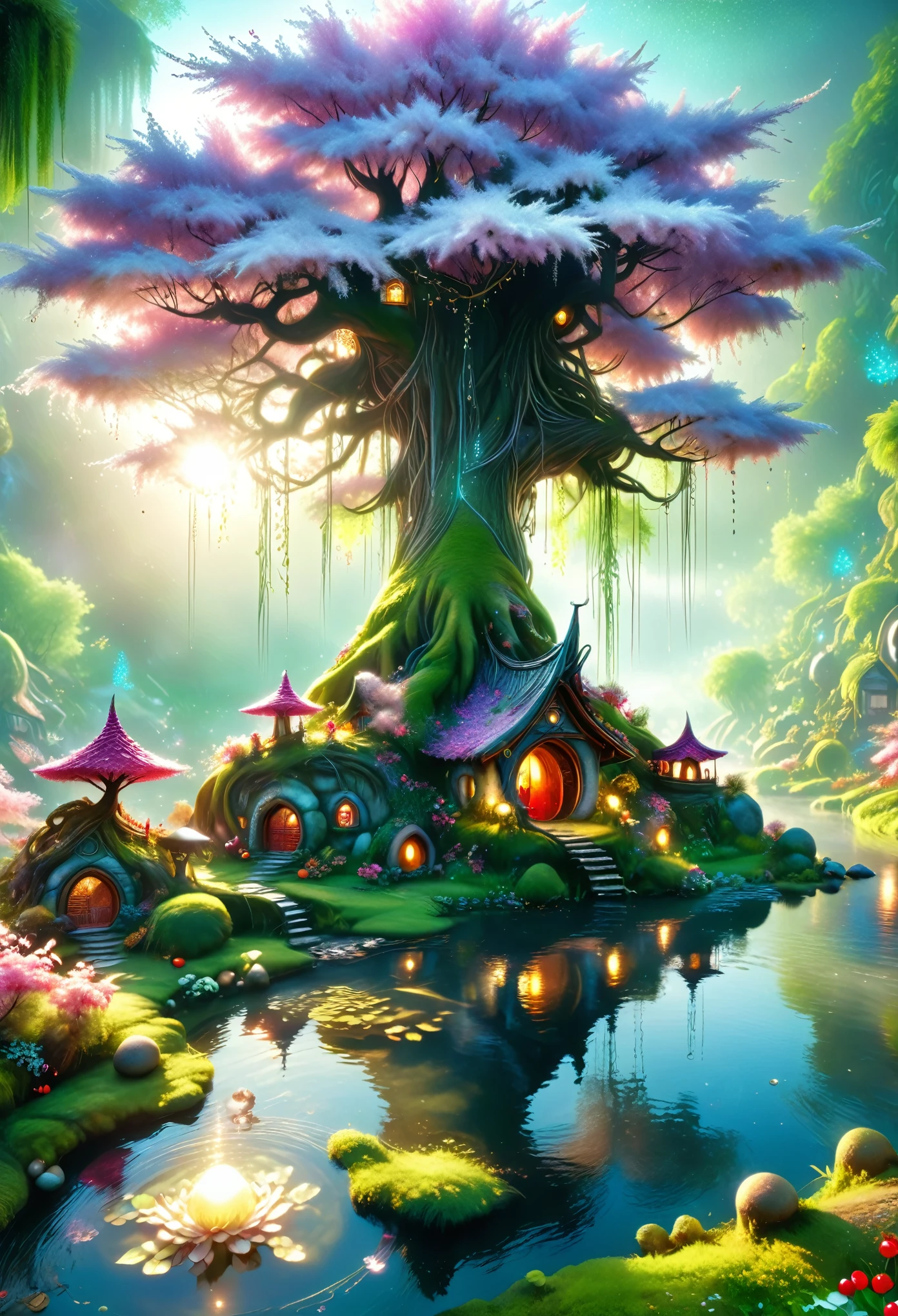 large cherry tree hanging over a meandering pond an river let where the stone egg-like huts and homes of the little people are, fairies, gnomes, whips and elven, backlight morning light, all made from crystals, gems and sparkles, fantasy art style, 8k resolution cartoon realism, misty dewdrop atmosphere,