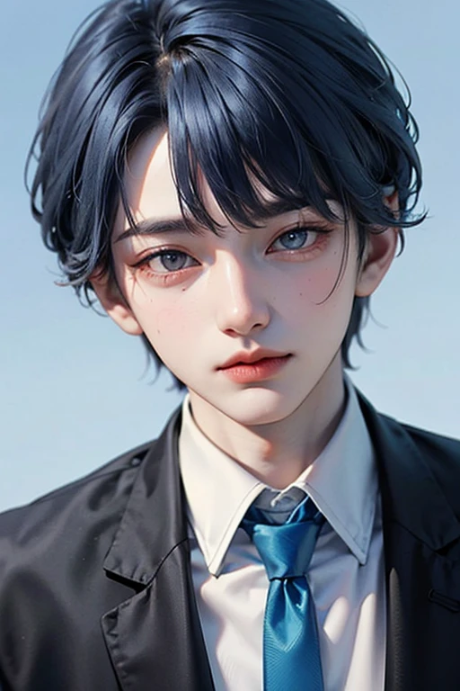 blue hair, White skin, 18 years old, super detail, masterpiece, 8k, korean, amazing, Idol hair, high quality, Refreshing, high quality, white shirt, black long tie, Beautiful androgynous man, 1 Boy, Refreshing, sky blue background, clear, studio lighting, Color cosmetics, cool, Photo Card, Sky Blue Studio, School boy