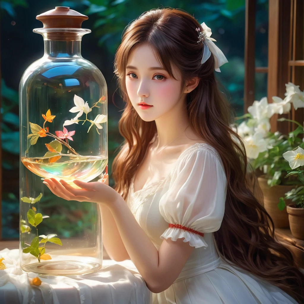 （Best quality，4K，8k，masterpiece：1.2），Super fine，（lifelike，Photo real，Photo lifelike：1.37），Girl in the glass bottle，[Vibrant colors]，[Ethereal atmosphere]， Reimu Hakurei，Brown hair，Long hair，beautiful eyes，Soft porcelain skin，Dreamy expression， white dress，Charming pose，Otherworldly beauty，Ethereal light。