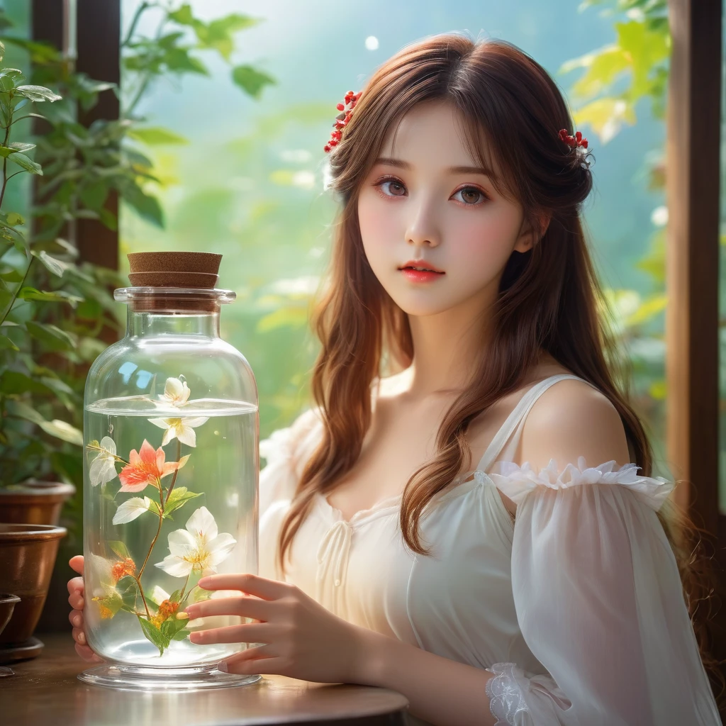 （Best quality，4K，8k，masterpiece：1.2），Super fine，（lifelike，Photo real，Photo lifelike：1.37），Girl in the glass bottle，[Vibrant colors]，[Ethereal atmosphere]， Reimu Hakurei，Brown hair，Long hair，beautiful eyes，Soft porcelain skin，Dreamy expression， white dress，Charming pose，Otherworldly beauty，Ethereal light。