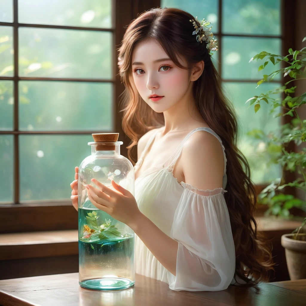 （Best quality，4K，8k，masterpiece：1.2），Super fine，（lifelike，Photo real，Photo lifelike：1.37），Girl in the glass bottle，[Vibrant colors]，[Ethereal atmosphere]， Reimu Hakurei，Brown hair，Long hair，beautiful eyes，Soft porcelain skin，Dreamy expression， white dress，Charming pose，Otherworldly beauty，Ethereal light。