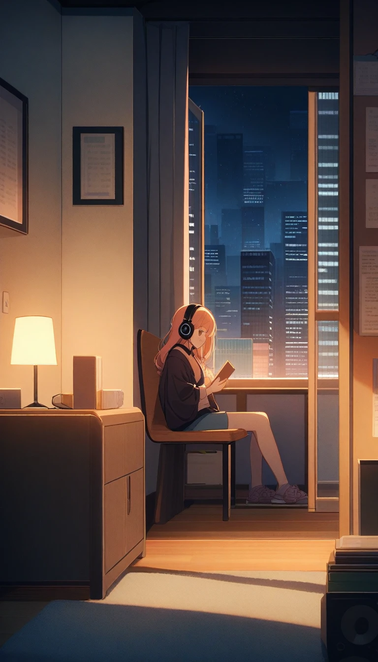 midnight、A beautiful girl in casual clothes studying while listening to music with headphones in her room。Dim lighting。Outside the room, there are many tall buildings.。Japanese anime style。