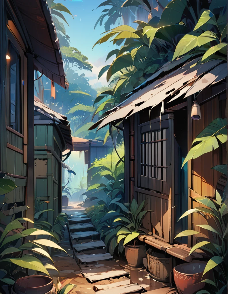 wide view, indian hut, cracked walls, blue faded paint, stairs, banyan tree outside, blue pinkish sky, evening time, earthy tones, clothes hanging on wire, windy, plant pots outside, old broken small gate, mud verandah, shed, cozy atmosphere, micro landscape, intrinsic details, masterpiece