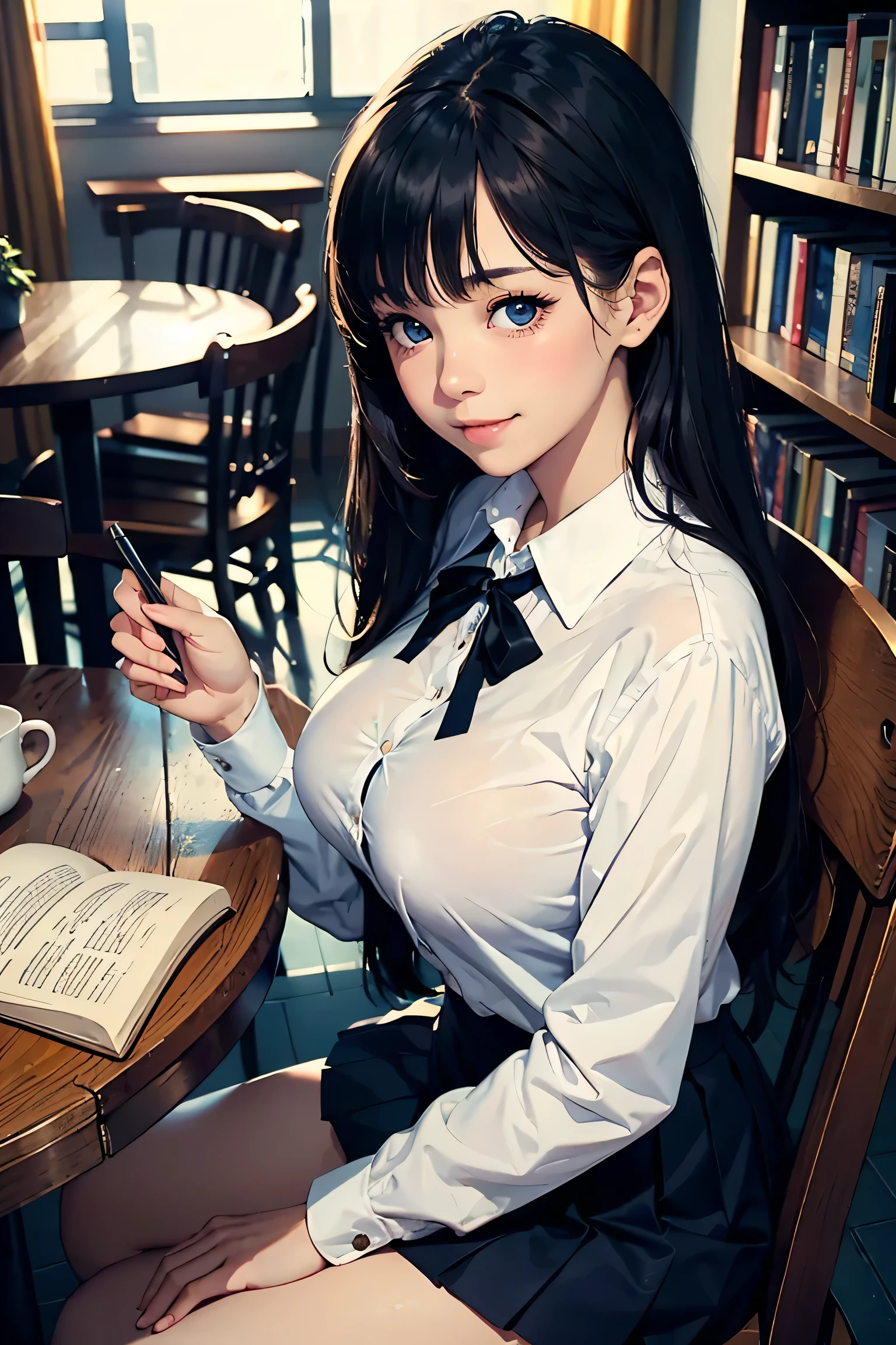 (masterpiece:1.2, Highest quality), (Realistic photos), Beautiful illustrations, (Natural side lighting, Cinema lighting),1 person, 日Book人, 20-year-old female, Perfect Face, Symmetrical cute face, Glowing Skin, (Black Hair、Straight Long Hair)、Flowing bangs, Dark blue eyes, Long eyelashes, (Large Breasts:1.4), Slender build, Beautiful Hair, Beautiful Face, Fine and beautiful eyes, Beautiful body, Beautiful breasts, (White long sleeve collared shirt、Small black ribbon、Navy blue pleated skirt),smile、Blushing、sit、library、Book、Book棚