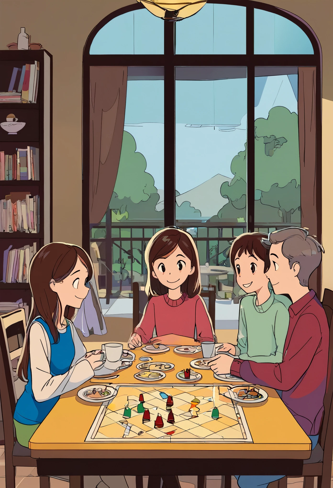 one，Four characters，Mom, dad, sister, siblings，playing a board game at the dining table，warm and cheerful atmosphere，2D cartoon style，Stick Figure