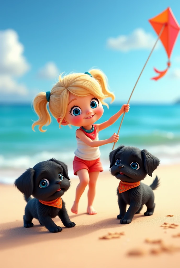 cute adorable 2 black shih tzu puppies, cute blonde girl, extremely detailed, big blue eyes, wearing colorful collar and bandana, flying a kite, 3D Pixar style, at beach, photorealistic, (best quality,8k,highres,masterpiece:1.2),ultra-detailed,(realistic:1.37),HDR,vivid colors,studio lighting