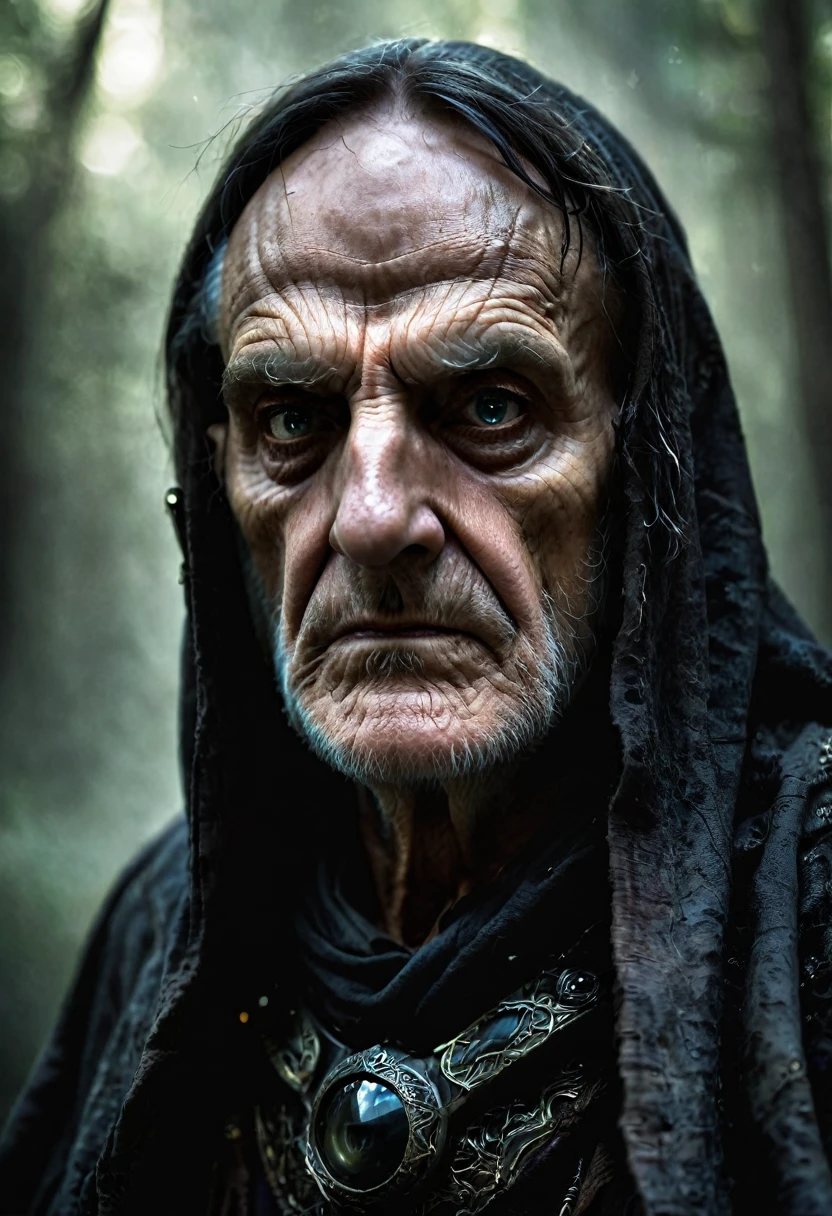An old man with a cloak, his face looks very old,his eyes suggest he is a predator, he is scary and kind at the same time