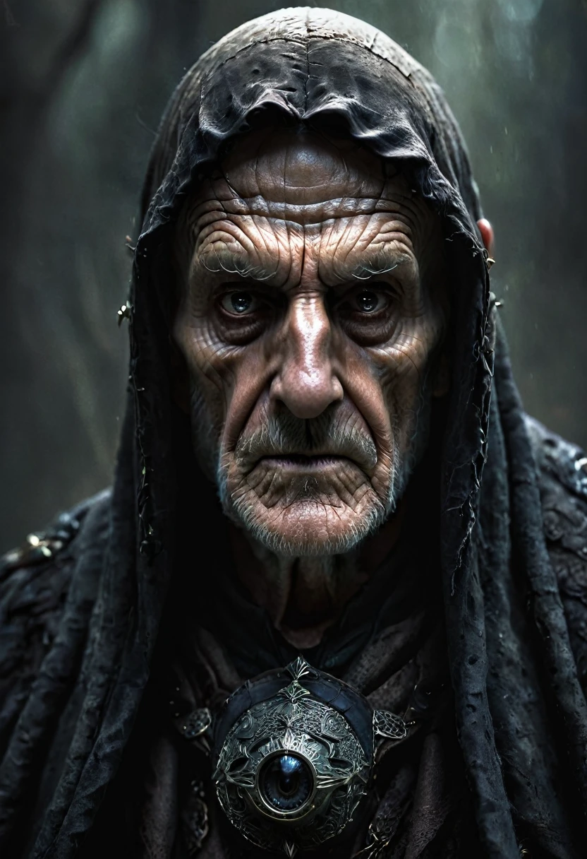 An old man with a cloak, his face looks very old,his eyes suggest he is a predator, he is scary and kind at the same time