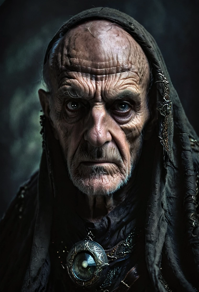 An old man with a cloak, his face looks very old,his eyes suggest he is a predator, he is scary and kind at the same time