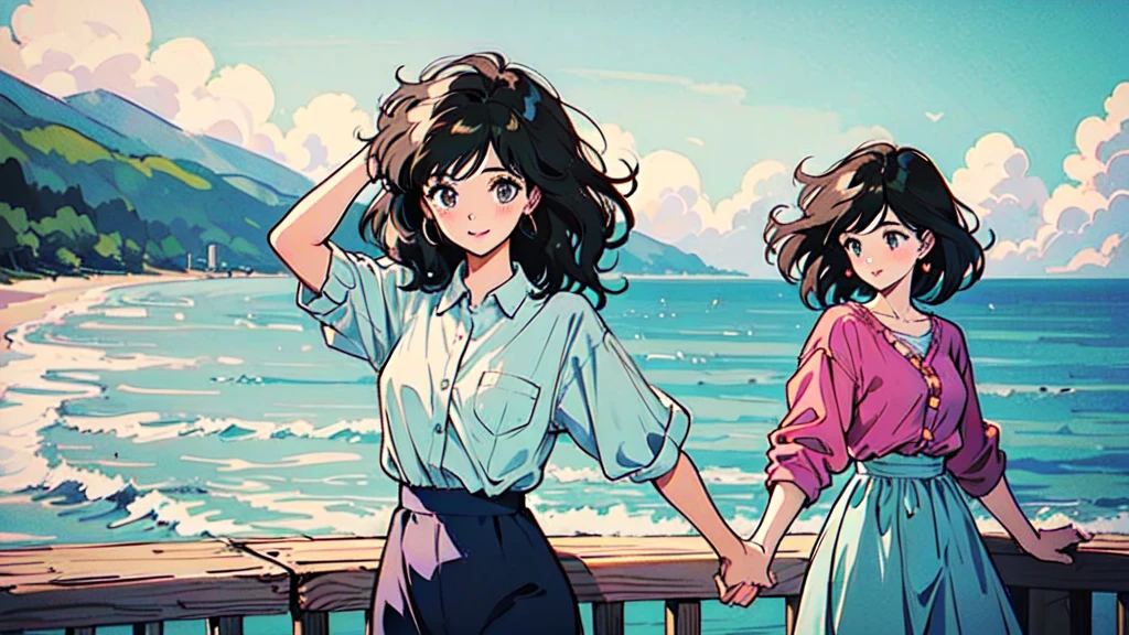 Five girls standing on a beach, backs turned to viewer, holding hands with arms raised, wearing white shirts and navy blue skirts, facing ocean waves, pastel blue sky and sea, soft watercolor style illustration