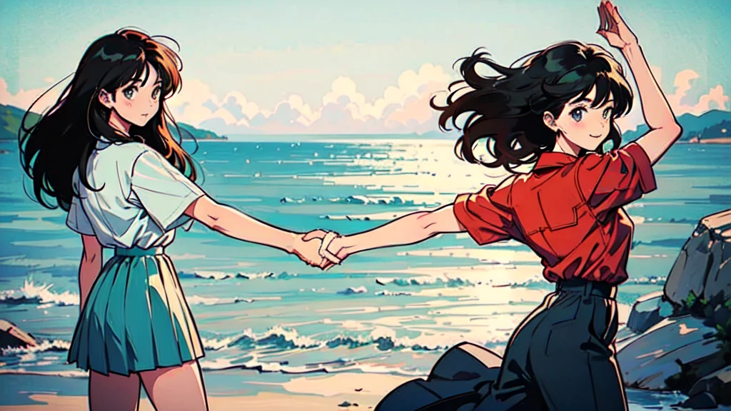 Five girls standing on a beach, backs turned to viewer, holding hands with arms raised, wearing white shirts and navy blue skirts, facing ocean waves, pastel blue sky and sea, soft watercolor style illustration
