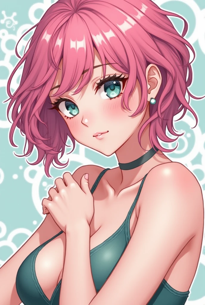 (pastel color palette), detailed aqua eyes, pink hair, (aqua eyes), Official art, Unity 8k Wallpaper, Ultra-detail, Beautiful and aesthetic, masterpiece, Best Quality, 1girl, ((big tits)), Extremely detailed, elegant, vivd color, romanticism, arms behind back, ((kawaii fashion)), (cute hat), shiny skin, sexy pose, heavy blushing, upper body, straight on, (cleavage), funky graphic design, (((anime style))), portrait,