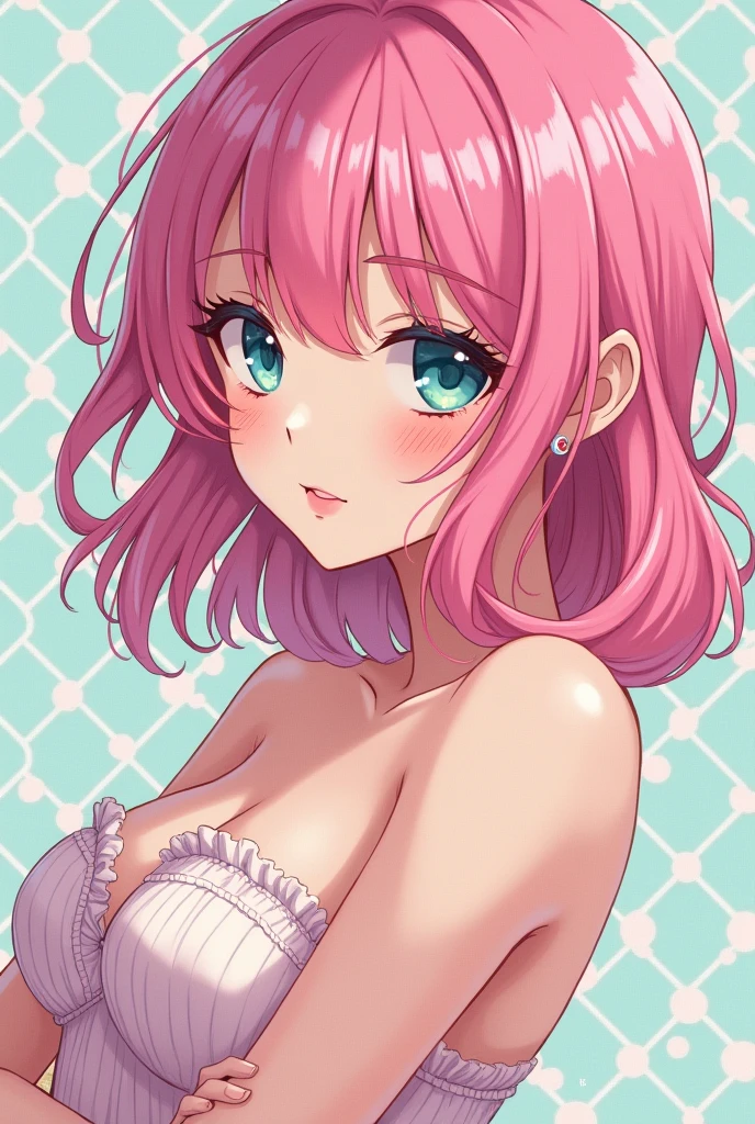 (pastel color palette), detailed aqua eyes, pink hair, (aqua eyes), Official art, Unity 8k Wallpaper, Ultra-detail, Beautiful and aesthetic, masterpiece, Best Quality, 1girl, ((big tits)), Extremely detailed, elegant, vivd color, romanticism, arms behind back, ((kawaii fashion)), (cute hat), shiny skin, sexy pose, heavy blushing, upper body, straight on, (cleavage), funky graphic design, (((anime style))), portrait,