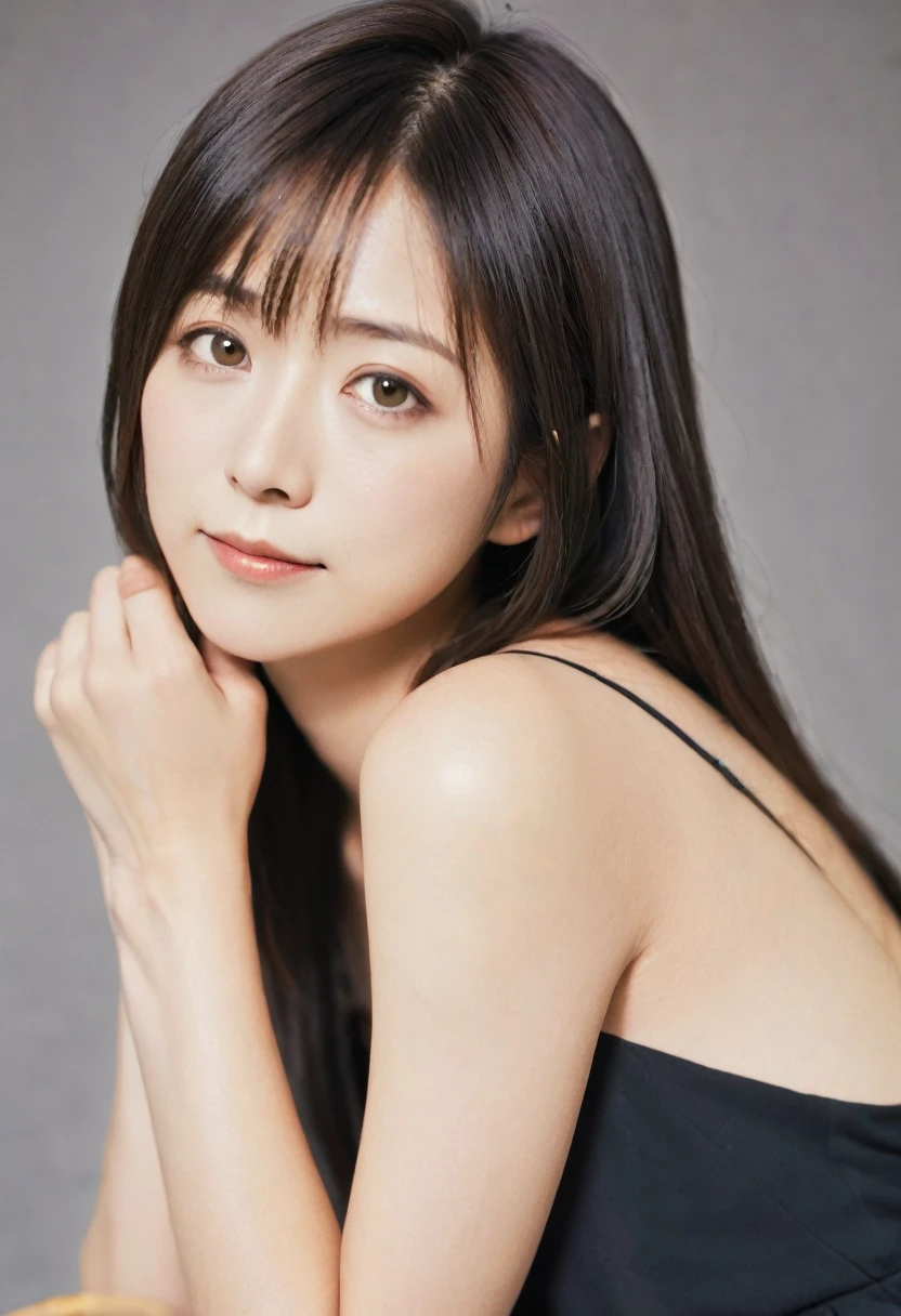Yurie Okamoto、Age 35、Long straight hair、黒い透けたワンピース、Lifted eyes、Fox Eyes、