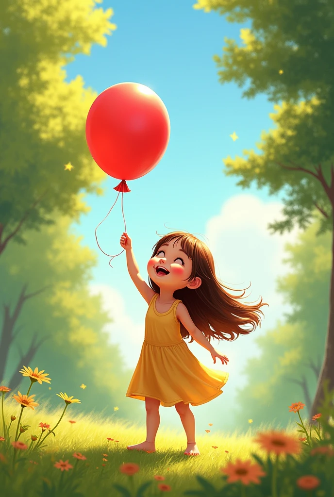 Lily Holding Balloon: Show a young girl named Lily holding a bright red balloon, smiling with joy in a sunlit park with green trees and a clear blue sky.