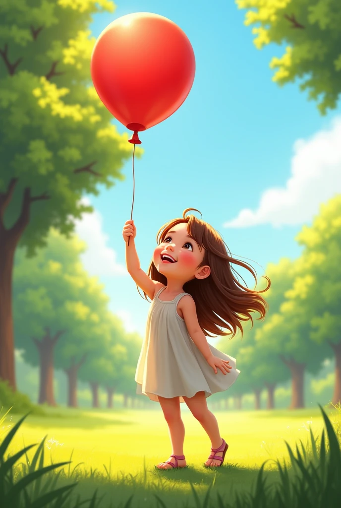 Lily Holding Balloon: Show a young girl named Lily holding a bright red balloon, smiling with joy in a sunlit park with green trees and a clear blue sky.