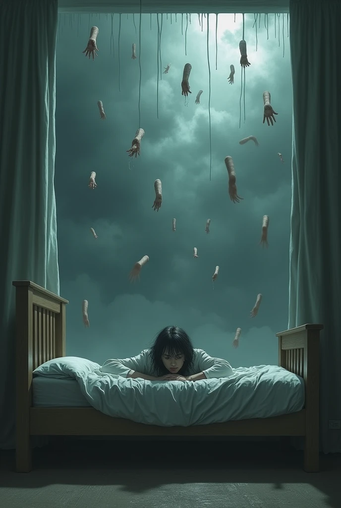 Generate a surreal image where severed fingers are raining down and there is a person worried under a bed