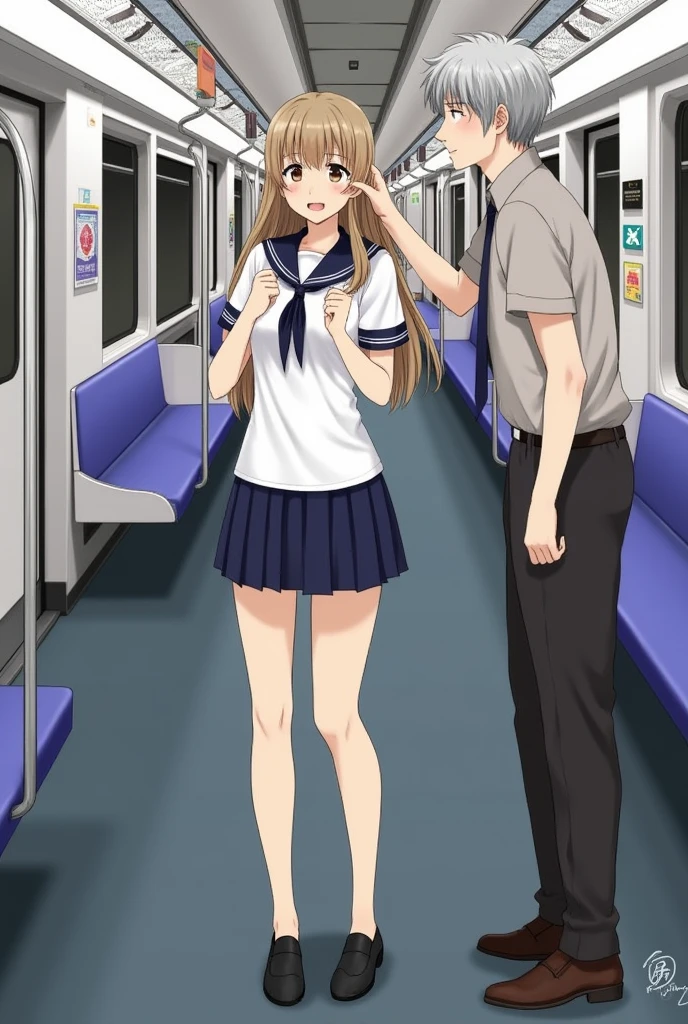 ()、Man girl、top-quality、超A high resolution、huge udder、Picture-perfect face、Beautiful expression、beauitful face、beautidful eyes、High School Uniforms、Schoolgirl Uniform、halfsleeve white shirt,darkblue neckribbon,a miniskirt、beauty legs、Subway train interior background、In a crowded train、(Lots of men on the train、Male molen on the train)、(((( An old man standing behind a high school girl、Grabbing the buttocks from behind.、old man grabs high school girl&#39;Chest、touch from the front.、Woman Cries:1.2、Reluctant、3 males、1 female、ripped clothing))))、(insertion)　、(Ejaculation on the body、Massive ejaculation)、fear expression、blushed face、Pants dig into the crotch、Raise one leg、(  with guy:1.2)、Looking from the side、(Put your finger in the crotch)