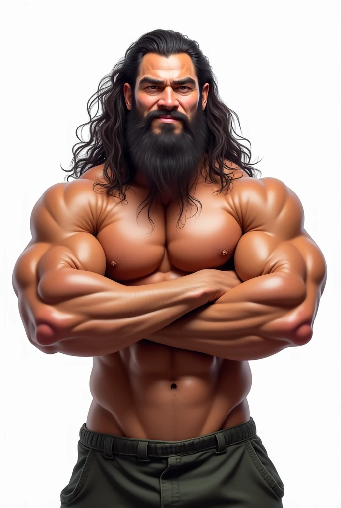 Caricature of a muscular handsome man, Jason Momoa , huge muscular arms, half body, white background 