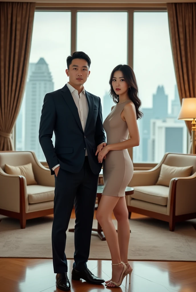 A modern photo of a Korean man standing next to a Korean woman, both facing forward and looking at the camera.、The background is a luxury hotel suite