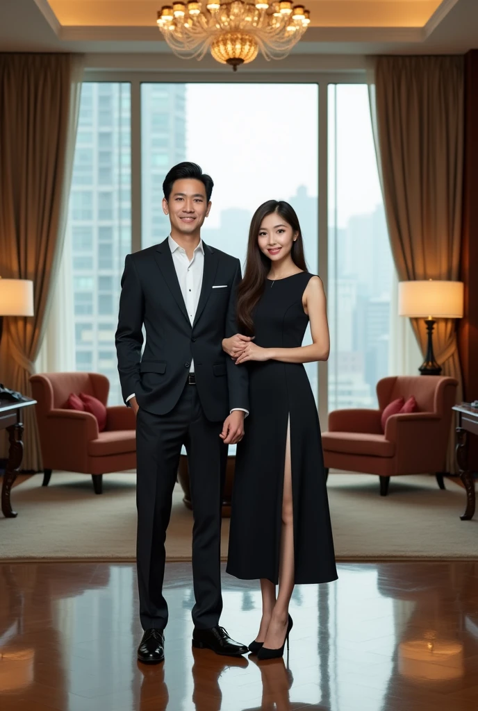 A modern photo of a Korean man standing next to a Korean woman, both facing forward and looking at the camera.、The background is a luxury hotel suite