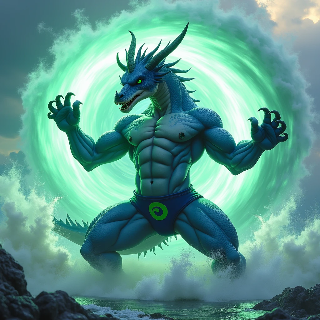 realistic anthro blue dragon with wings and, bipedal, male proportions, muscled, wearing diaper of blue briefs (underwear ) with green hurricane shaped symbol, throwing whirlwind surrounded by air streamsfrom claws, Kung fu pose, blowing with claws, surrounded by green hurricane, hurricane,, strong winds , in cruise, ocean