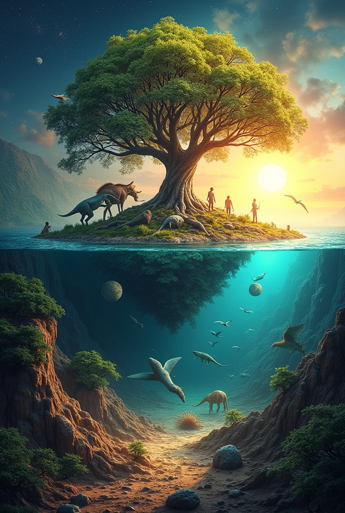 For the cover page of "Book of Genesis - A Story of Life on Earth,"
**Concept**: A vibrant scene showing the progression of life on Earth, starting from the primordial ocean with simple, single-celled organisms and moving forward to more complex life forms like plants, dinosaurs, mammals, and humans. The image could be divided into layers or phases, with each one representing a different era of Earth's biological history.
**Details**:
- **Background**: A gradient sky that transitions from the darkness of space with stars to a bright, life-giving sun, symbolizing the dawn of life.
- **Foreground**: A tree of life in the center, with its roots in the water (symbolizing the origin) and branches reaching out, representing the diversity of life.
- **Elements**: Fossils embedded in the ground, an ancient ocean teeming with early life, lush forests, and iconic creatures from different eras (e.g., trilobites, dinosaurs, early mammals).
- **Artistic Style**: A blend of realism and a slightly ethereal, glowing effect to emphasize the idea of genesis and the wonder of life's beginnings.
This image would visually narrate the story of life's evolution on Earth, making it both informative and visually captivating.