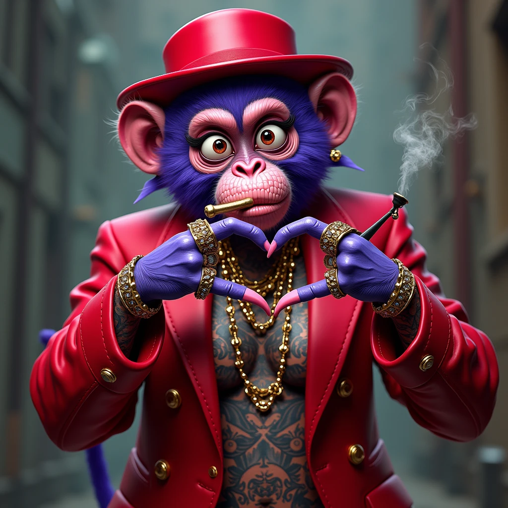 1 purple female monkey, with a red gangster suit with chains, hat and glasses, tattooed, with huge diamond and gold rings, smoking with a pipe, making a heart with both hands