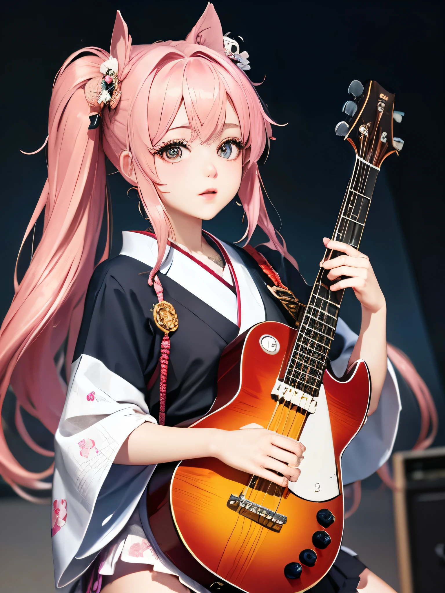 masterpiece, best quality, very detailed, high resolution, expensive resolution, high resolution, 4K, 8k, Unity 8k wallpaper, highly detailed CG, masterpiece, 2D, 3D, beautiful details, depth, fine texture, best quality: 1.3, perfect focus, crispy skin, he,
Very cute anime girl, girl playing baseguitar vocals in a band wearing a Japanese fancy floral haori hakama, on outdoor stage, full body, expensive pink twin tail hair, mole under eye, looking at the viewer, expensive, blush, mole, lips open, , heart choker, pink eyes, guitar vocals, stage,Full body of an anime girl with pink twin-tailed hair wearing a Japanese kimono and playing a bass guitar on stage at a cyberpunk festival