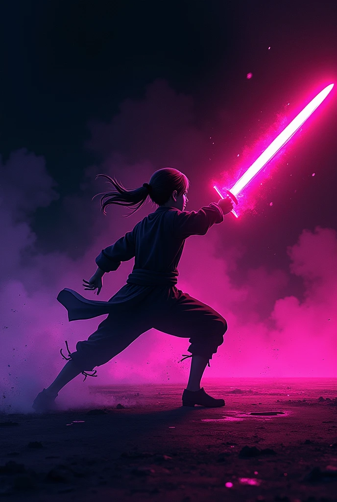 ((Best Quality)), ((masterpiece)), ((detailed)), ((High Definition)), an aura of sword thrusts in anime style, all the neon color, with the black silhouette of a simple person in the center, dynamic movements, fighting pose, forward lunge, moving forward, leaving a residual image behind. With a black background.