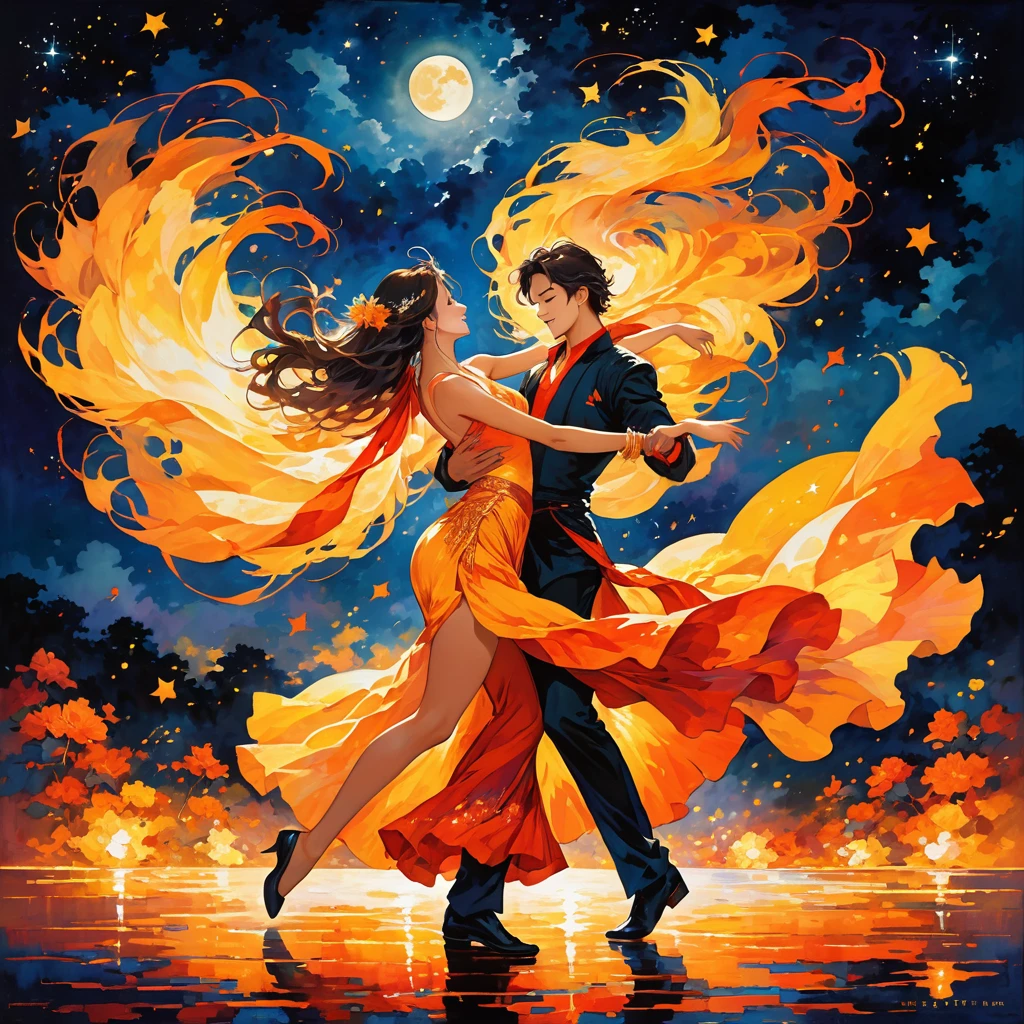 A vibrant and energetic scene with a couple dancing passionately under the night sky. The setting is an open space with no one else around, and the atmosphere is electric with the glow of the moon and stars. The dancers' movements are dynamic and fluid, with their bodies glowing as if they are the source of the light. Their expressions are full of joy and passion, as they dance in sync with the rhythm of the music. The background is a blend of warm colors like red, orange, and yellow, symbolizing the heat and intensity of the moment. The image should capture the essence of freedom, connection, and the fiery energy of the dance