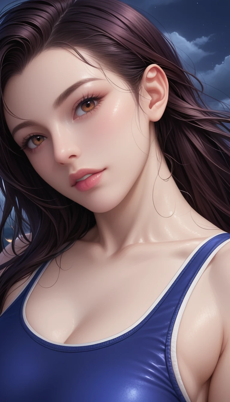 score_9, score_8_superior, score_7_superior, High-resolution CG illustration,A masterpiece in 32K resolution,Highest quality,it is really amazing,Very detailed,Ultra-high resolution,Ultra-realistic,Realistic,Increased depth of field,Cinematic lighting,
Sexy mature Japan woman,
Straight long hair with black hair,Ultra-detailed and beautiful face,Calm and gentle look,Beautiful brown eyes,Translucent white skin,Realistic skin texture,Great proportions,
Sexy high leg swimsuit,
Artistic design,Chic color scheme,Detailed fabric texture,
Dark overcast sky on a dull night,Dark clouds filling the sky,Thundercloud,Coastline at night,Stormy seas,delay々A desolate sandy beach that continues,
Close-up of face and chest,Cinematic Angle,