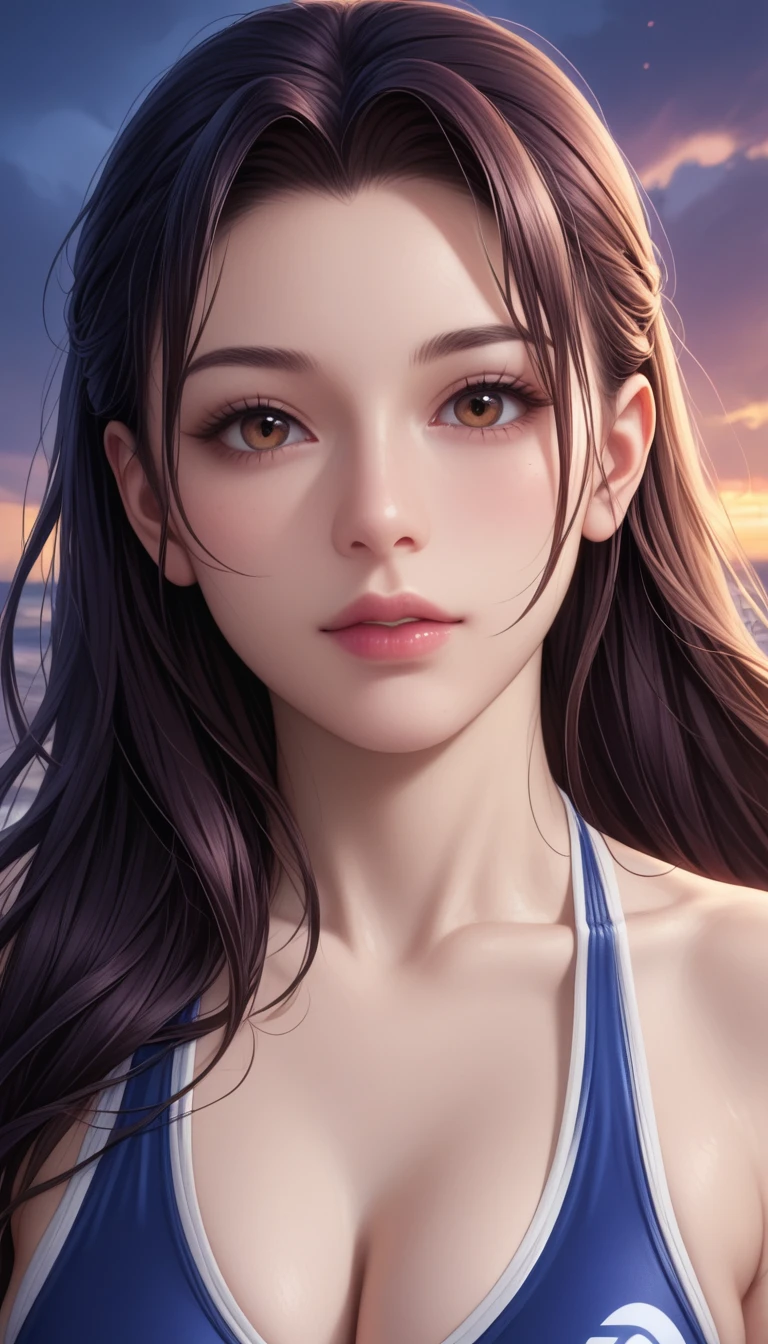 score_9, score_8_superior, score_7_superior, High-resolution CG illustration,A masterpiece in 32K resolution,Highest quality,it is really amazing,Very detailed,Ultra-high resolution,Ultra-realistic,Realistic,Increased depth of field,Cinematic lighting,
Sexy mature Japan woman,
Straight long hair with black hair,Ultra-detailed and beautiful face,Calm and gentle look,Beautiful brown eyes,Translucent white skin,Realistic skin texture,Great proportions,
Sexy high leg swimsuit,
Artistic design,Chic color scheme,Detailed fabric texture,
Dark overcast sky on a dull night,Dark clouds filling the sky,Thundercloud,Coastline at night,Stormy seas,delay々A desolate sandy beach that continues,
Close-up of face and chest,Cinematic Angle,