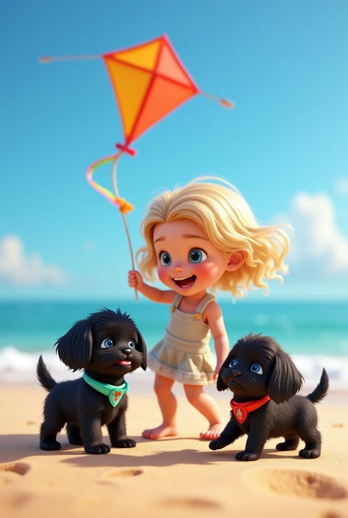 1 blonde girl, 2 adorable black shih tzu puppies with big blue eyes wearing a colorful collar and bandana flying a kite at beach 3D Pixar style