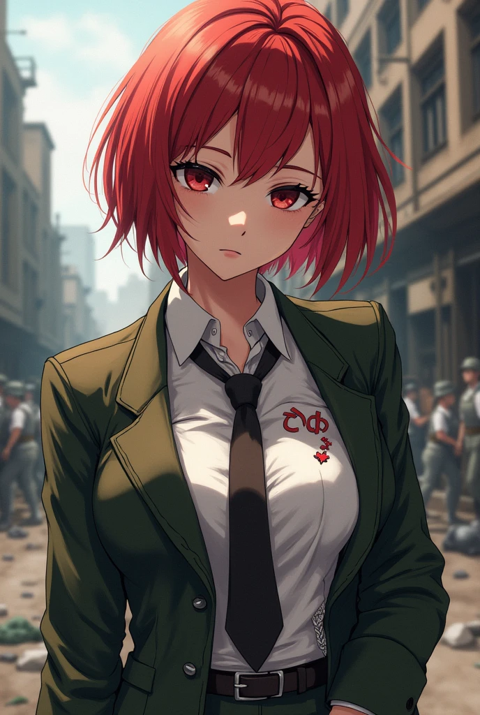 Create a female anime character with red hair wearing masculine clothing, that really looks like a man, Your clothes were torn, revealing her identity as a woman