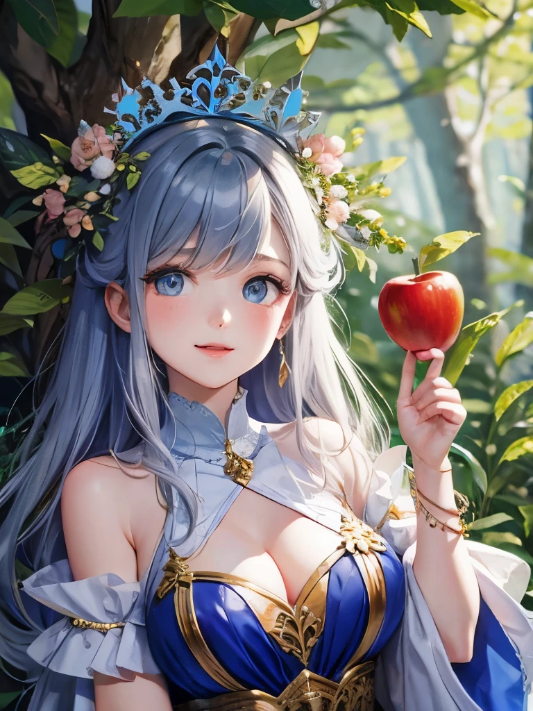 Snow White with a  fairy on her palm, and have an apple,sparkling forest in the background