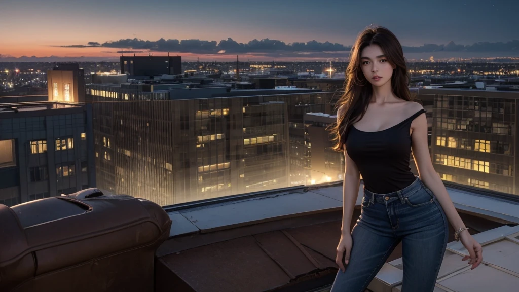((Midnight, Best quality, 8k, Masterpiece :1.3)), Whole body, Long legs, Sharp focus :1.2, A pretty woman with perfect figure :1.4, Slender abs :1.1, ((Dark brown hair, Big breasts :1.2)), (White tight tshirt, Jean bib, Standing:1.2), ((Night city view, Rooftop:1.3)), Highly detailed face and skin texture, Detailed eyes, Double eyelid, sunset, darken, backlit, off shoulder