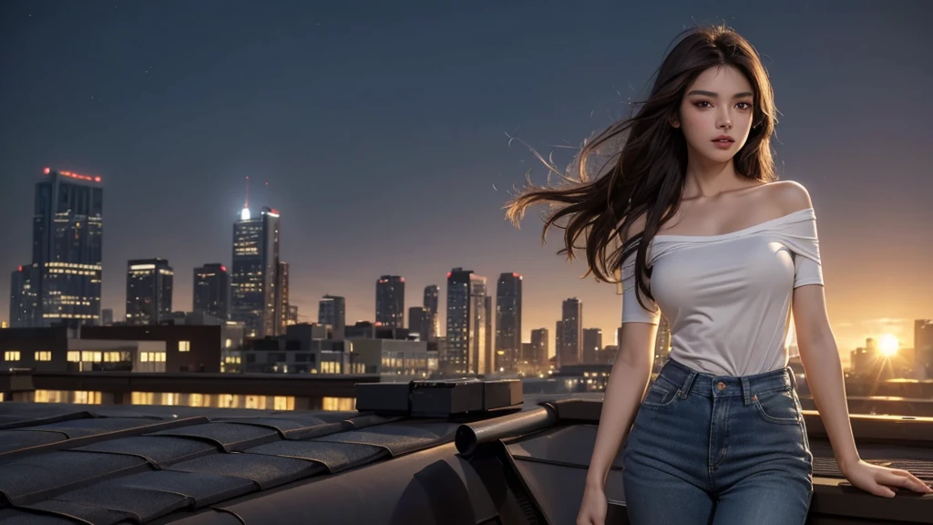 ((Midnight, Best quality, 8k, Masterpiece :1.3)), Whole body, Long legs, Sharp focus :1.2, A pretty woman with perfect figure :1.4, Slender abs :1.1, ((Dark brown hair, Big breasts :1.2)), (White tight tshirt, Jean bib, Standing:1.2), ((Night city view, Rooftop:1.3)), Highly detailed face and skin texture, Detailed eyes, Double eyelid, sunset, darken, backlit, off shoulder